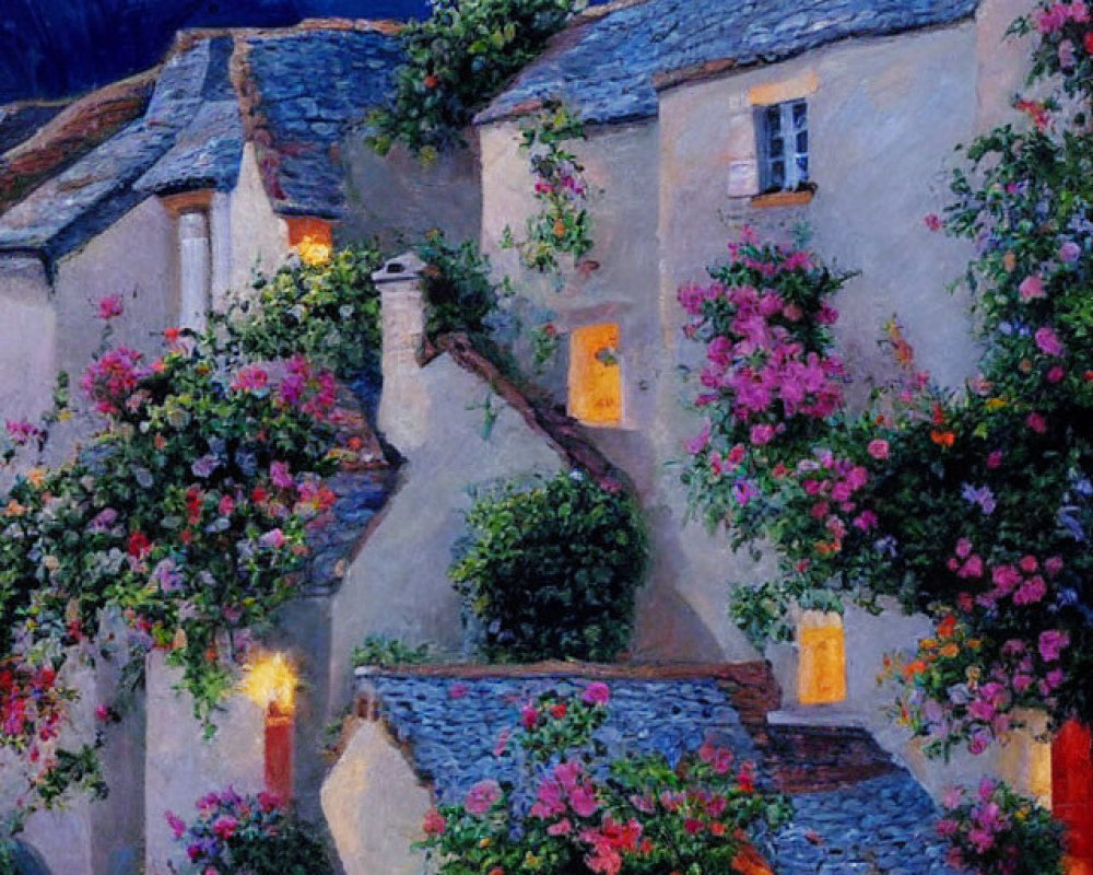 Cozy street with quaint cottages and blooming flowers at night