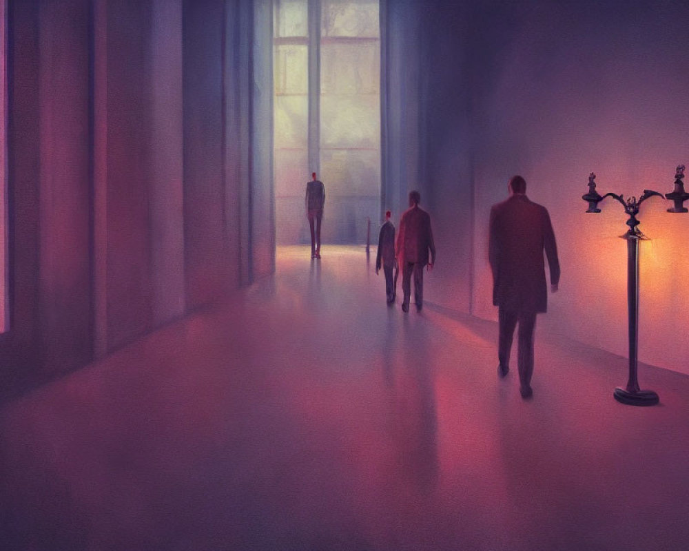 Silhouetted figures walking into dense fog in hallway with large windows and lamppost