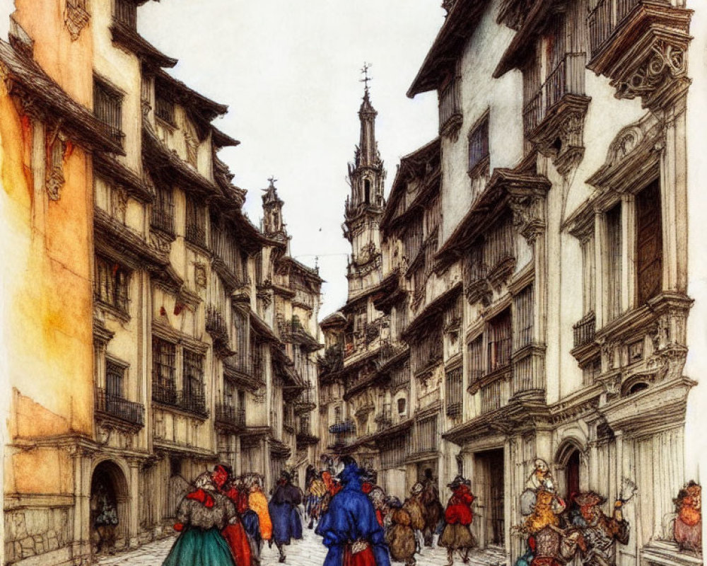 Medieval Street Scene with People in Period Clothing and Timber Buildings