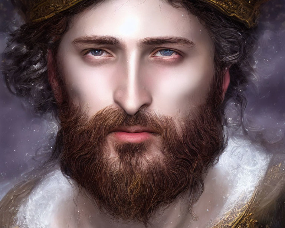 Digital artwork of regal man with blue eyes, beard, long hair, gold crown, regal