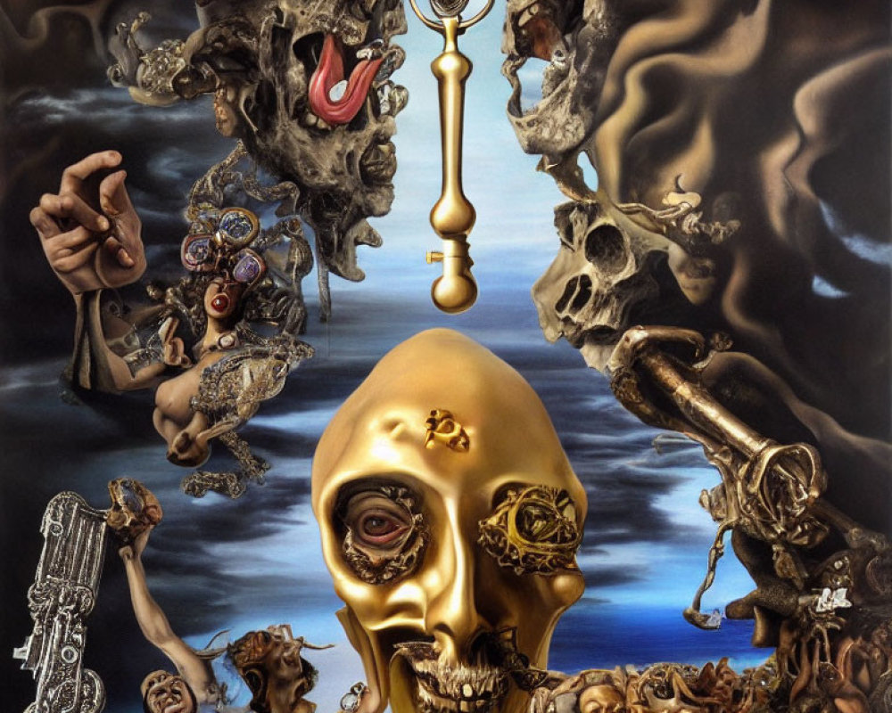 Surreal painting featuring golden skull, floating skulls, distorted figures, and central key