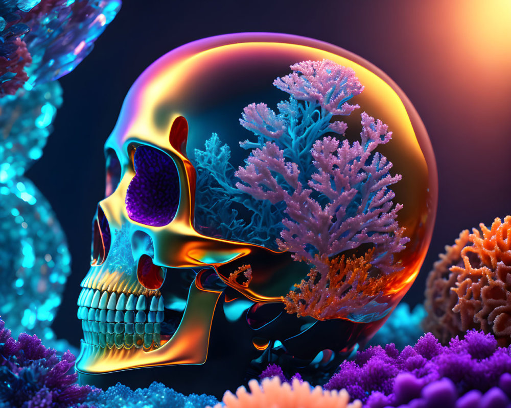 Colorful 3D human skull with coral-like growth on blue background