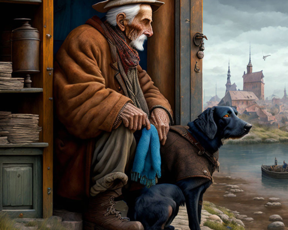 Elderly man with white beard and dog by river and old town buildings