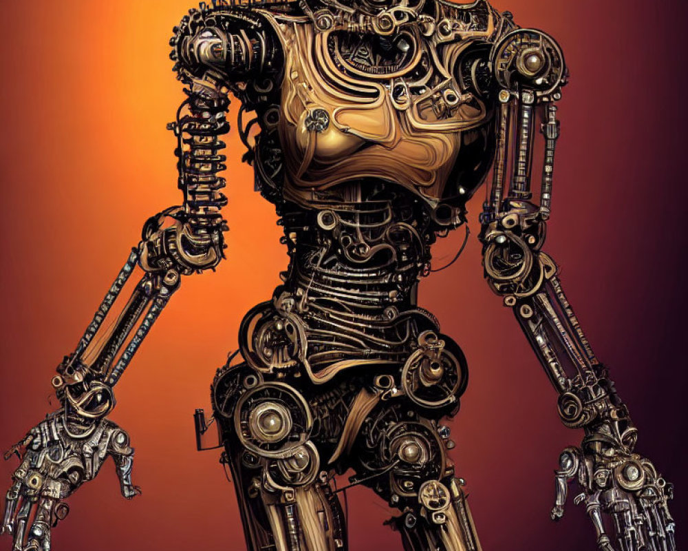 Detailed Steampunk-Style Robot with Gears on Orange Background