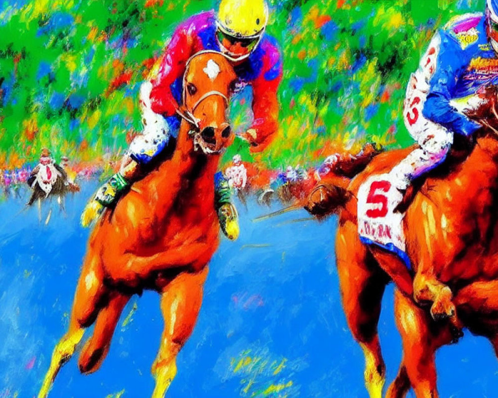 Colorful Painting of Jockeys Racing Horses in Dynamic Motion