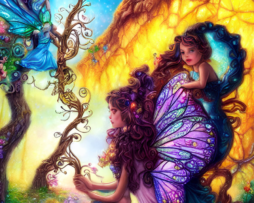 Colorful fantasy illustration of fairies in enchanted forest