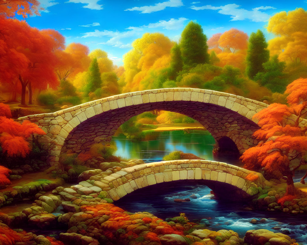 Tranquil stream with stone bridge and autumn trees