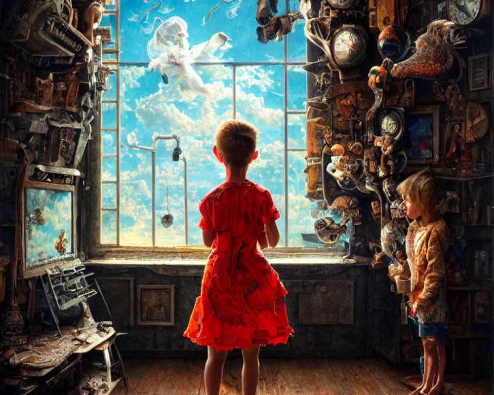 Children in red dress and boy by window see underwater magical scene