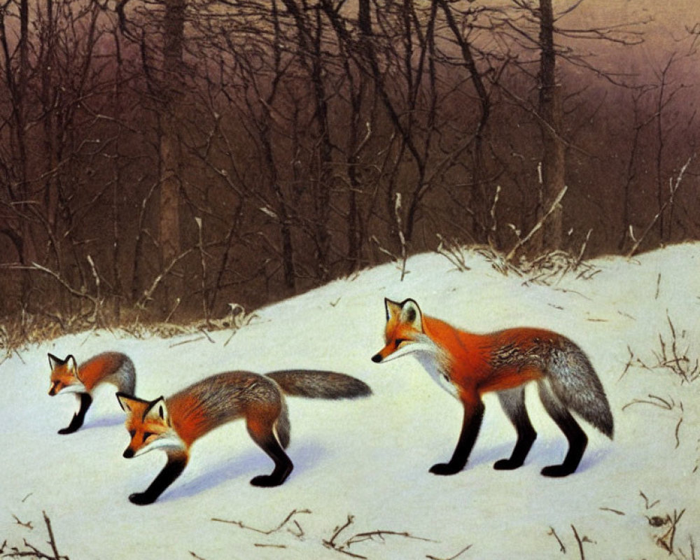 Three red foxes in snowy forest with leafless trees & pale sky