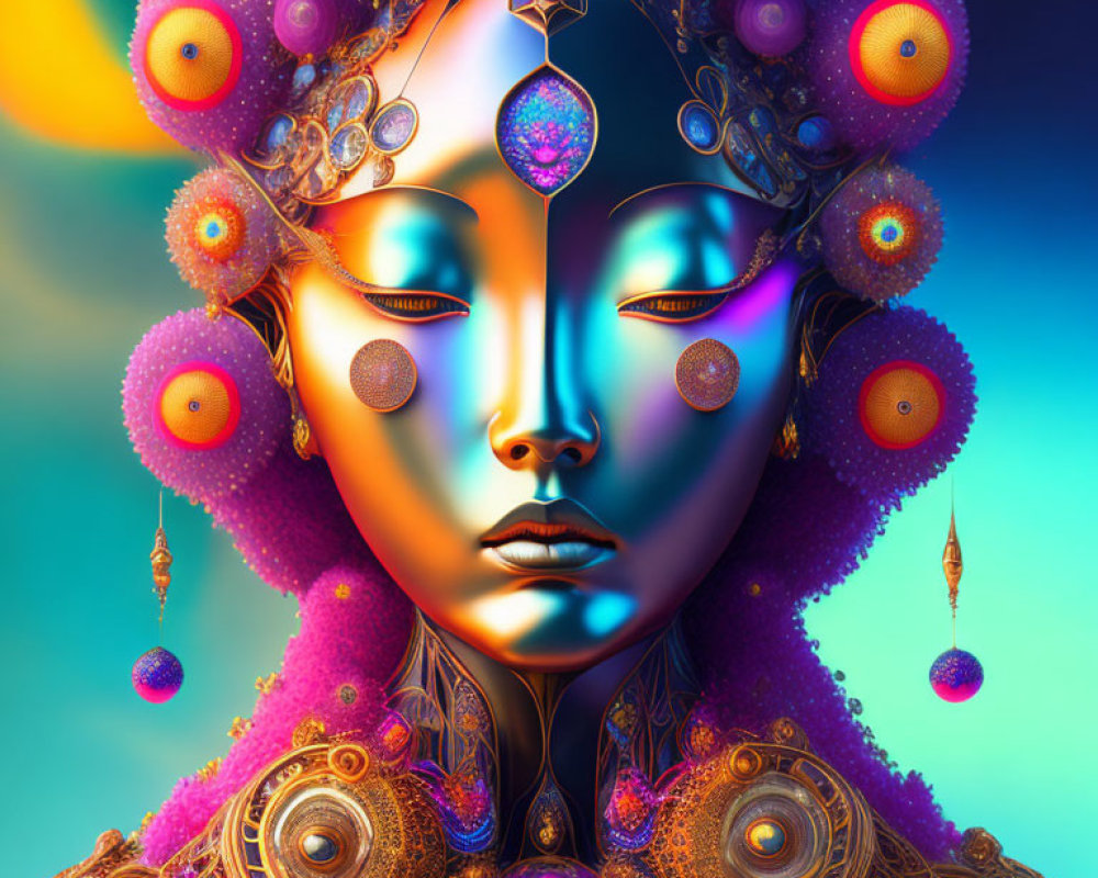 Colorful digital artwork: Woman with ornate jewelry and headdress