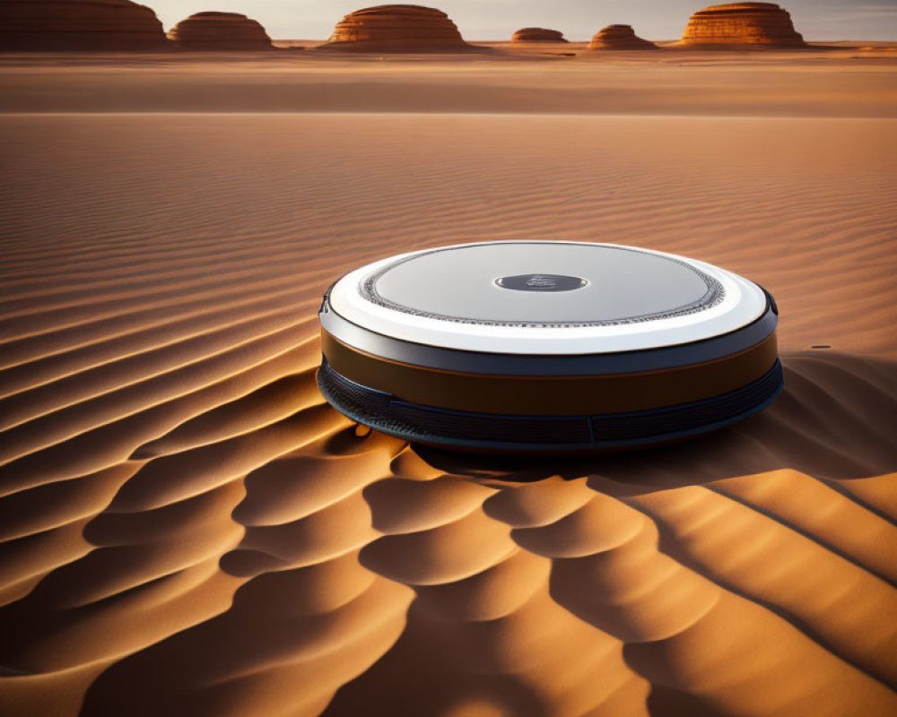 Robotic vacuum cleaner on sand dunes with rock formations and hazy sky