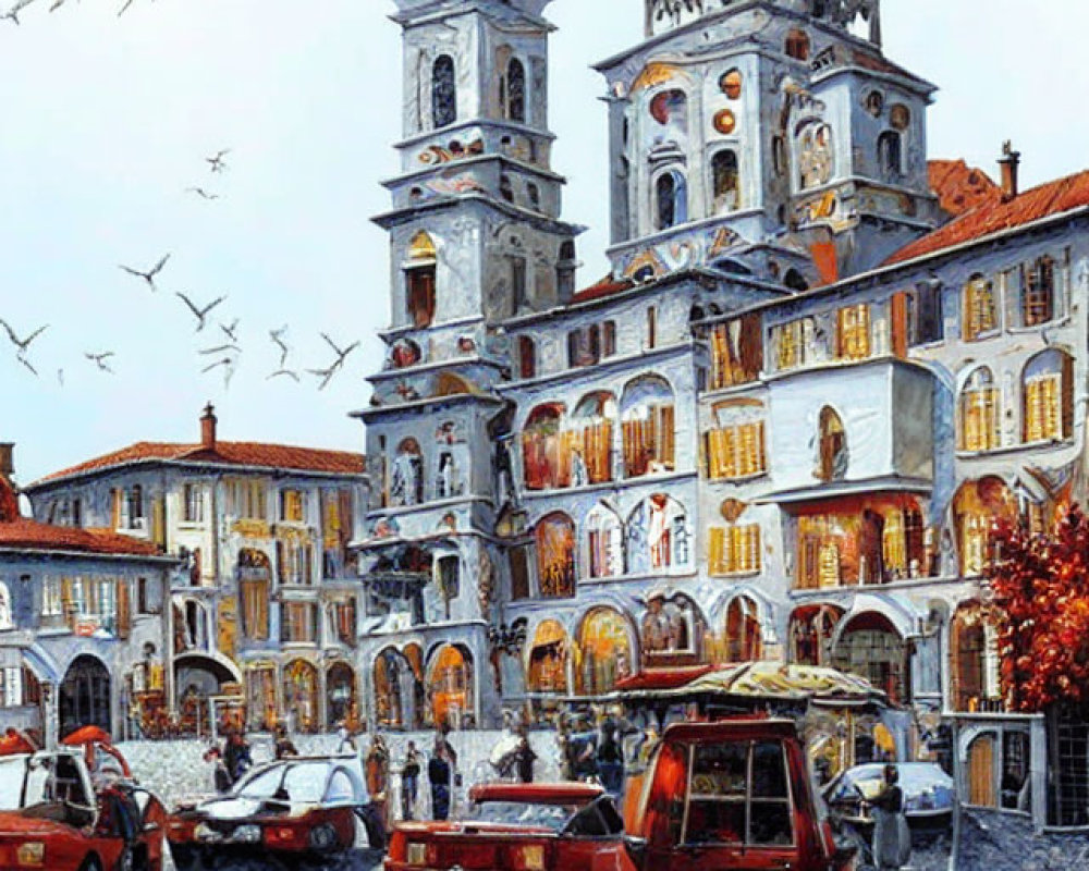 European Town Square with Double-Towered Building, Seagulls, Vintage Cars, and Cobblestone