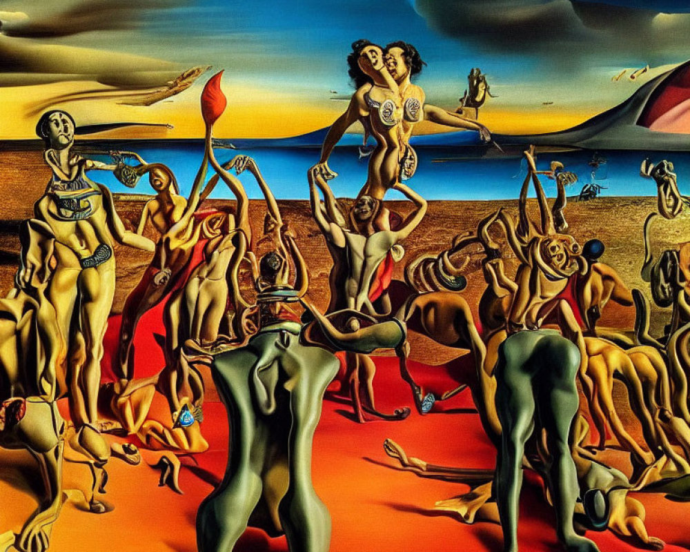 Surrealist painting: Human figures in desert landscape with colorful skies