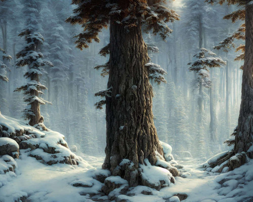 Snowy Forest with Tall Trees and Soft Sunlight Amid Mist