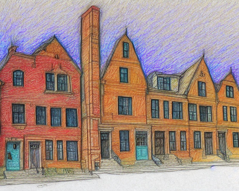 Vibrant sketch of European-style buildings under a blue-gray sky