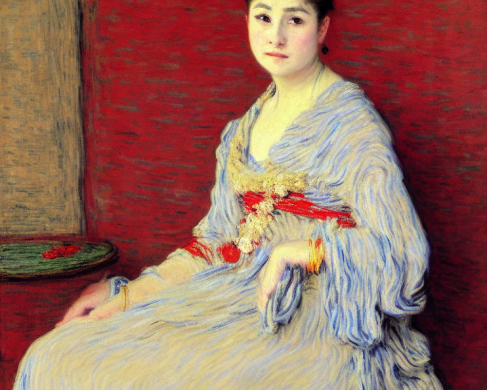 Impressionist painting of woman in blue dress on red background