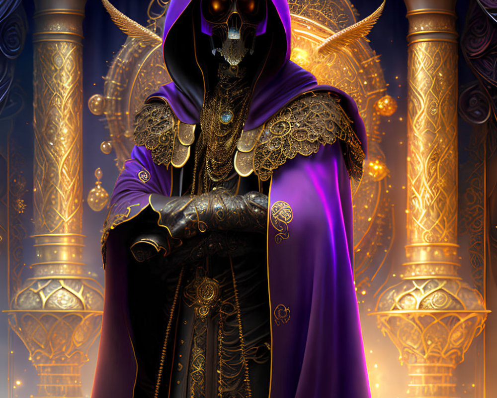 Figure in purple and gold robe with skull mask on ornate background