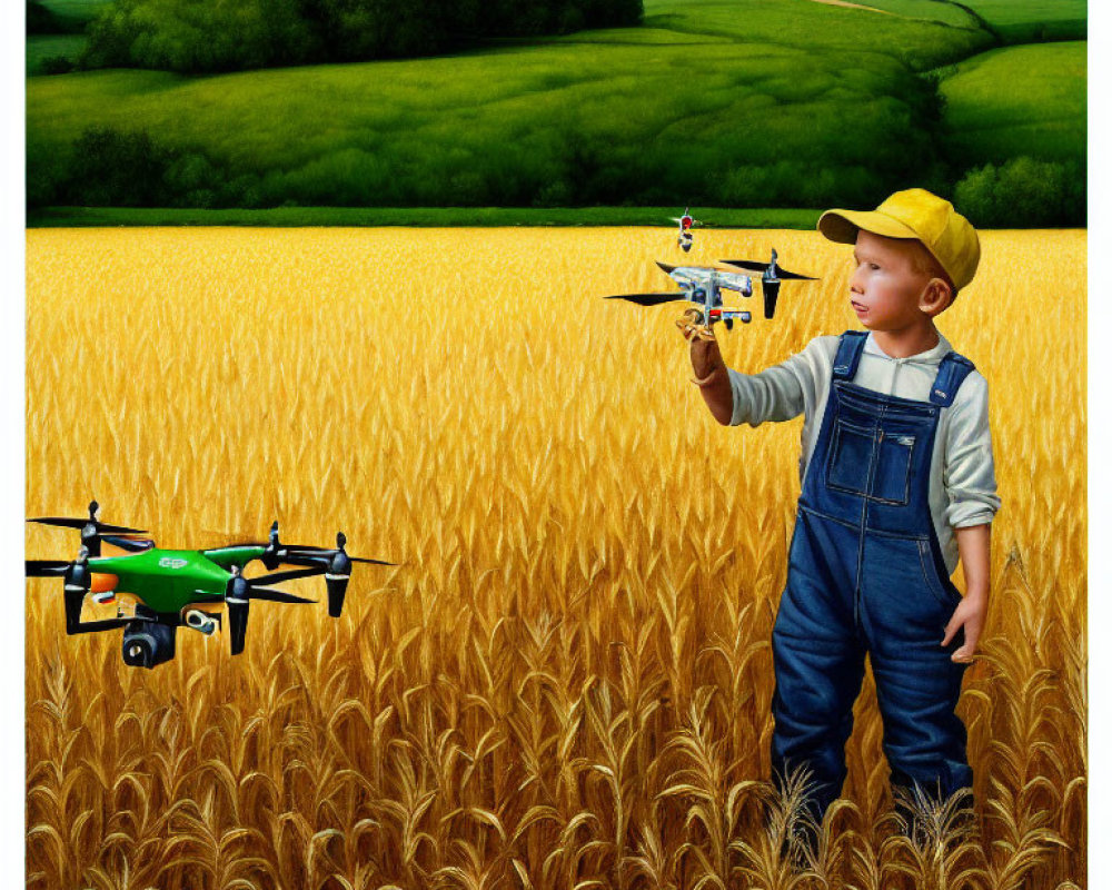 Young boy with toy airplane in wheat field with drone under blue sky