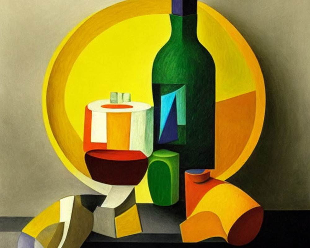 Cubist still life painting with bottle, glass, fruit, guitar, bold colors