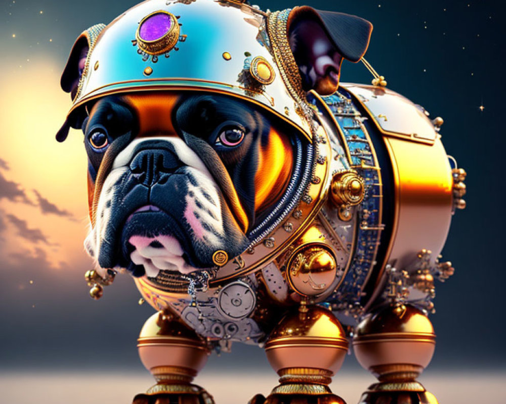 Steampunk-style astronaut bulldog in golden suit on starry background