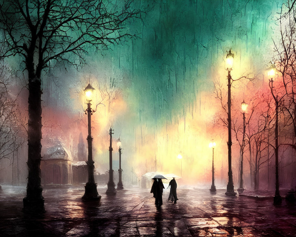 Couple walking under umbrella on rainy, lamp-lit street with mist effect