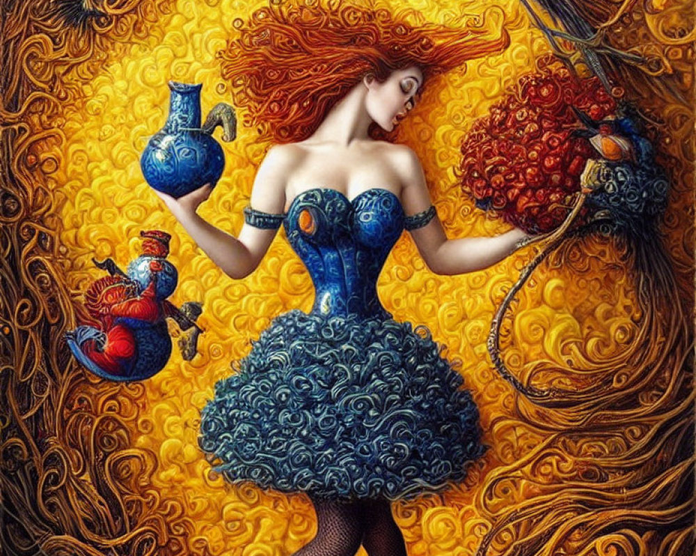 Red-haired woman in blue dress with vase and grapes, golden swirls and blue bird.