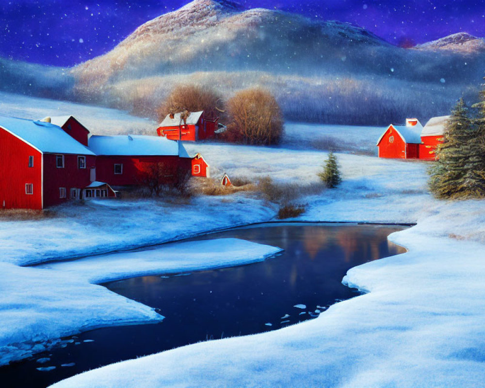 Snowy hills, red houses, icy stream in starry night scenery