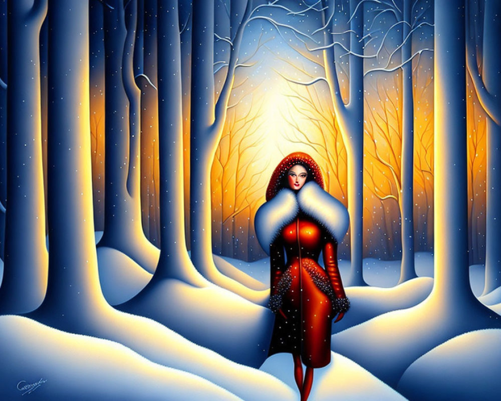 Woman in Red Dress and Blue Cloak in Snowy Forest with Warm Light