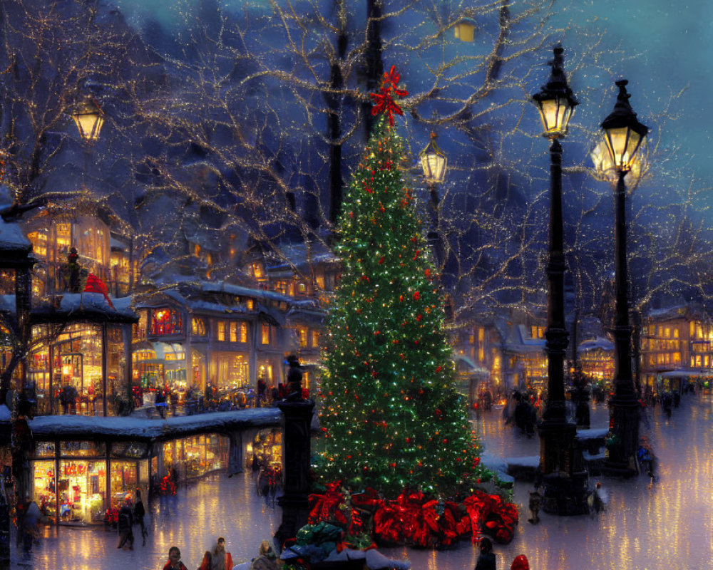 Snowy Town Square Twilight Scene with Christmas Decorations