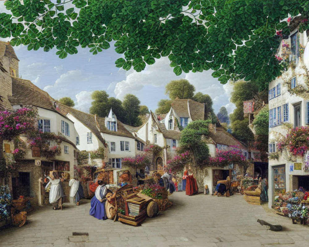 Historic village street with period attire, vibrant flowers, stone buildings, blue sky, and green leaves