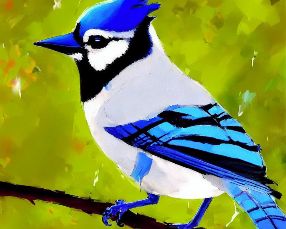 Colorful Blue Jay Illustration Perched on Branch