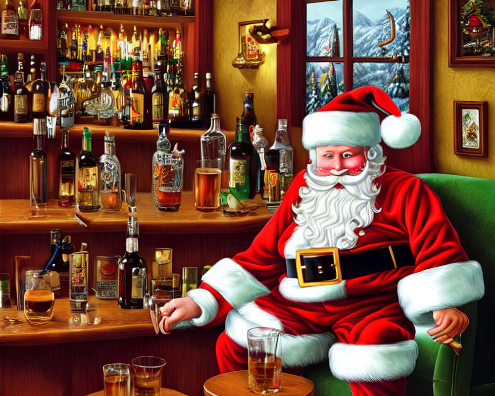 Santa Claus in bar with whiskey glass, snowy mountain view