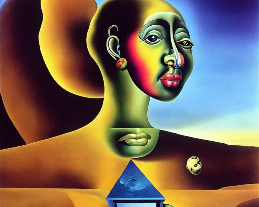 Stylized woman's face merges with desert landscape in surreal painting