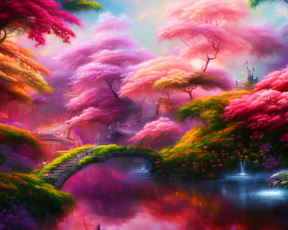 Colorful fantasy landscape with pink and red foliage, serene river, stone bridge, and small figure.