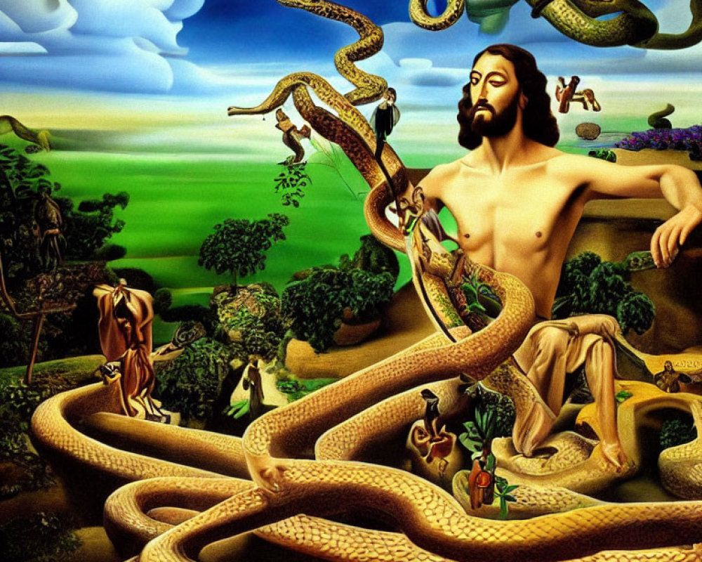 Surreal painting of male figure and serpentine forms in vibrant landscape