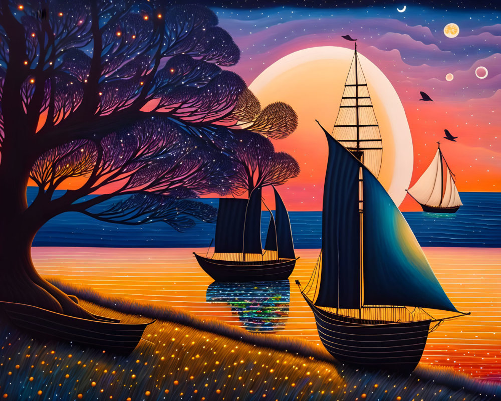 Colorful sunset seascape with sailboats, tree, moonlit sky, stars, and birds.