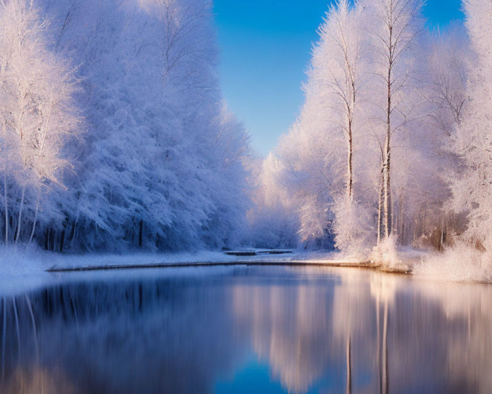 Frost-covered trees reflecting on calm blue river