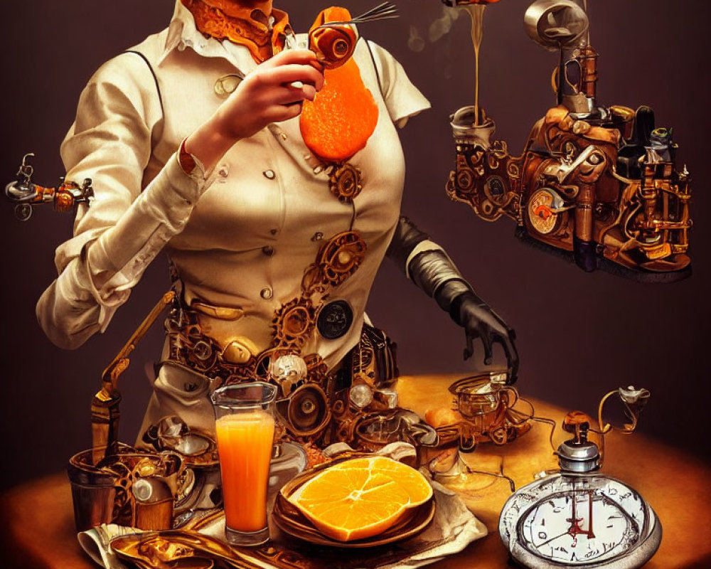 Steampunk-themed image: Woman in mechanical corset making orange juice