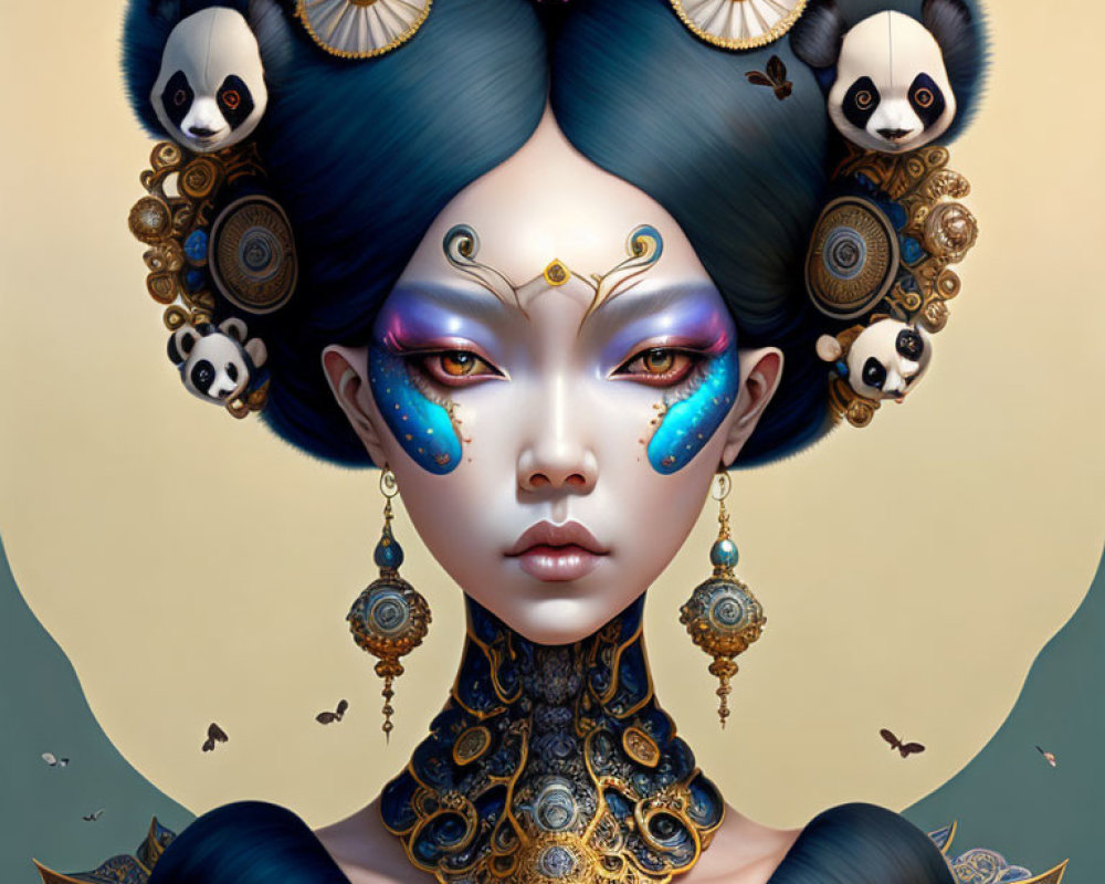Fantasy-themed woman illustration with ornate jewelry and pandas in hair.