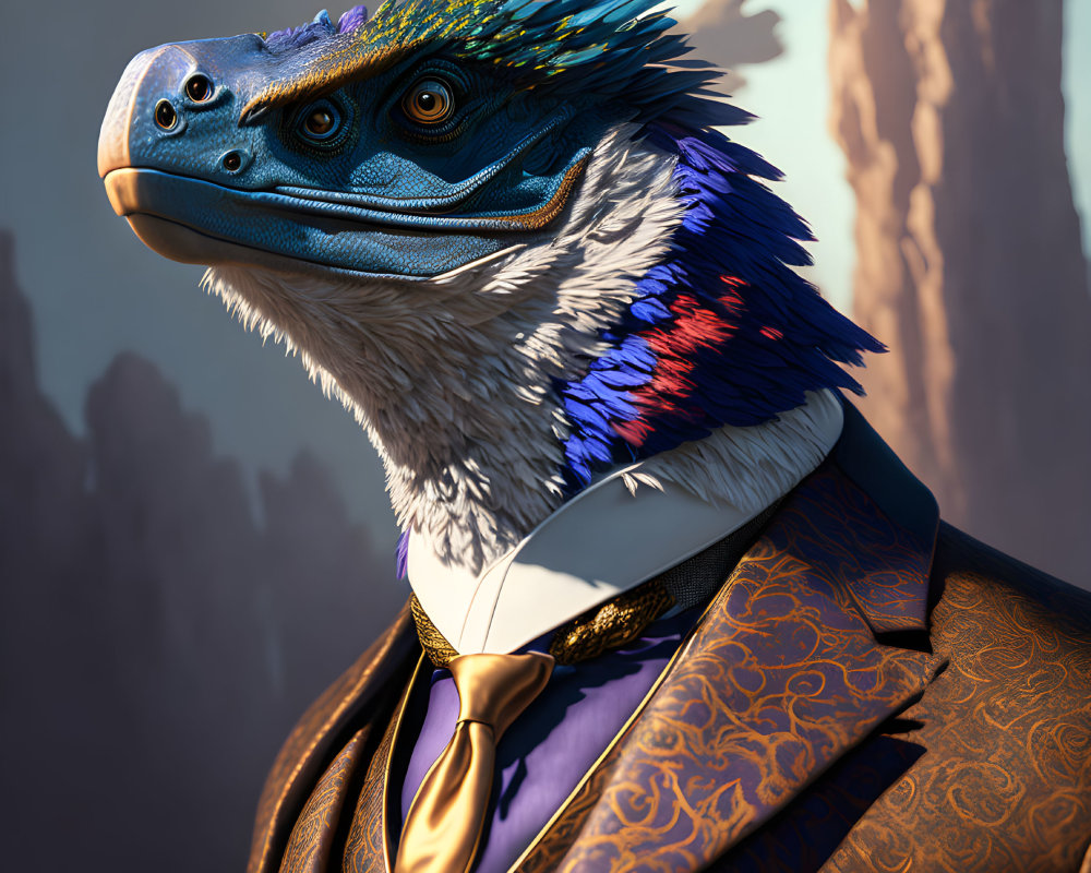 Colorful Feathered Dinosaur in Elegant Suit Against Rocky Background