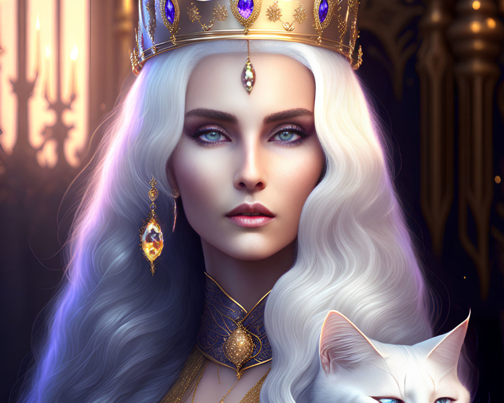 Regal woman with blue eyes, white hair, golden crown, purple gems, and cat.