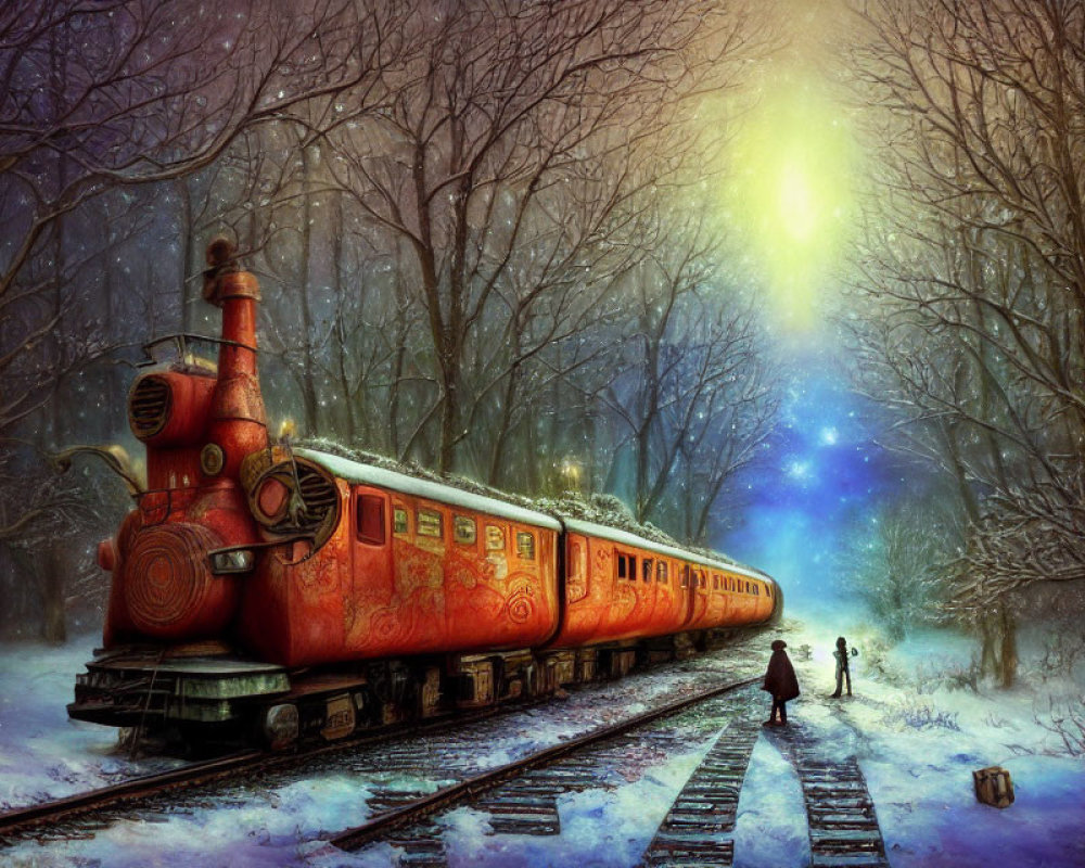 Vintage red train in snowy forest with silhouetted figures under bright light