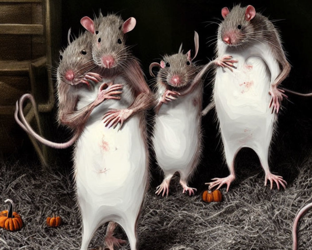 Three upright rats with crossed arms beside tiny pumpkins in realistic style