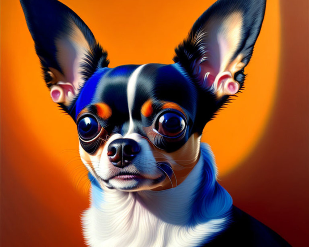 Stylized portrait of Chihuahua with expressive eyes on orange background