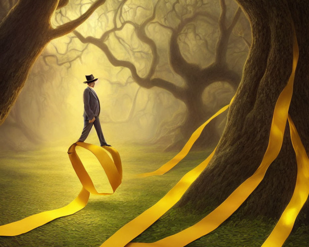 Man in suit and hat walking on yellow ribbon path through golden-lit forest