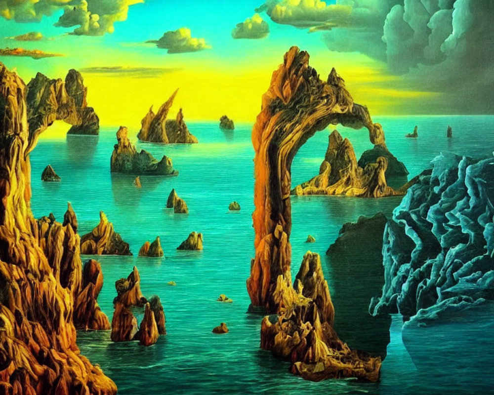 Surreal landscape painting: vibrant colors, arched rock formations, sea, clouds, amber sky