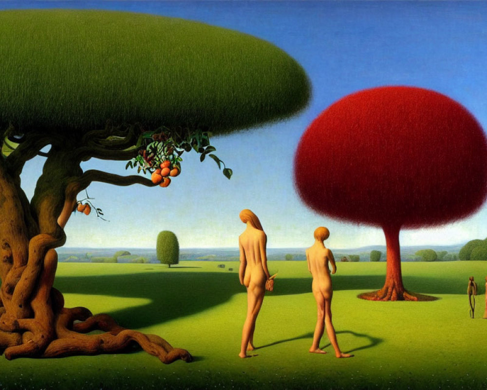 Surreal landscape with round trees, man, woman, and distant figures.