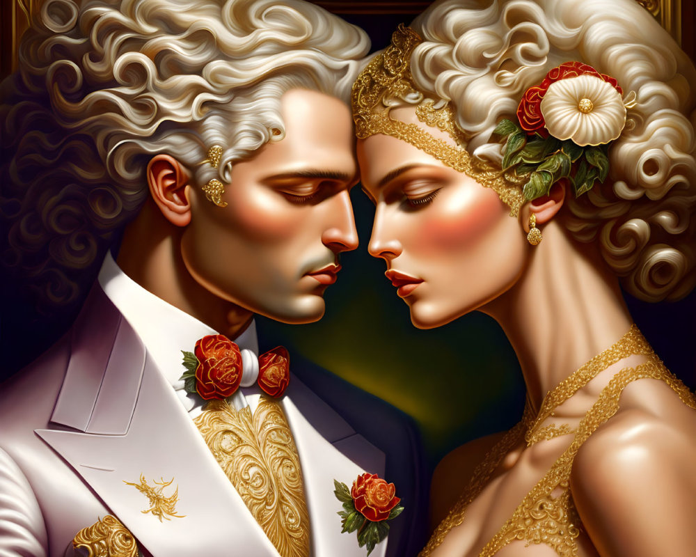 Detailed baroque couple illustration with elaborate hairstyles in intimate pose.