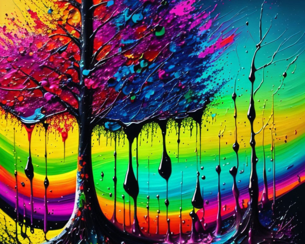 Colorful Abstract Tree Painting with Rainbow Background and Dripping Paint