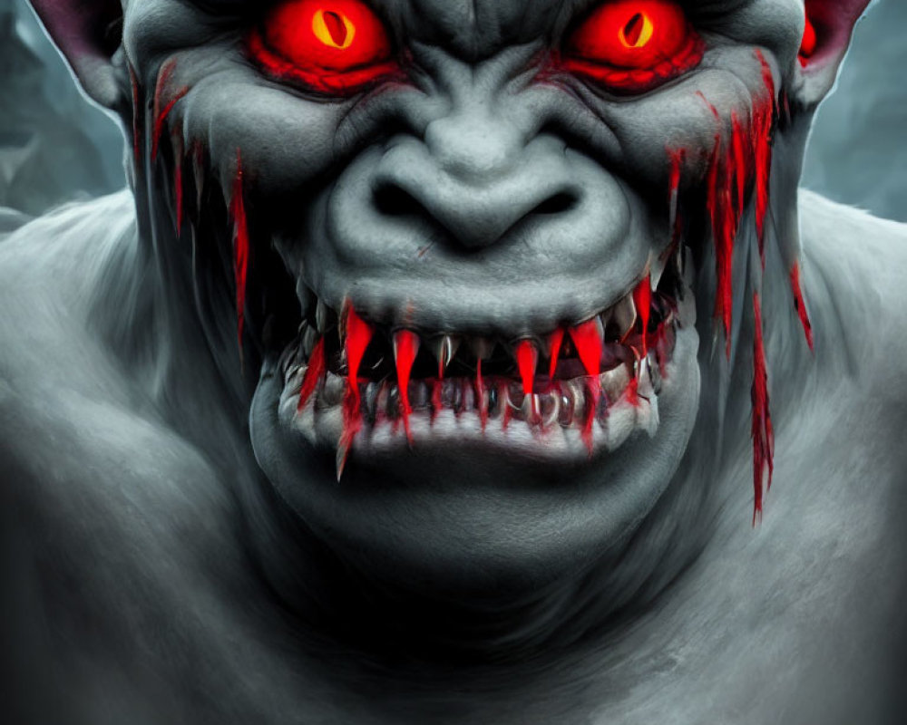 Menacing creature with red eyes and sharp fangs on smoky gray background